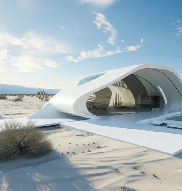 Futuristic white curved pavilion in a desert landscape with glass walls and long shadows on sand.