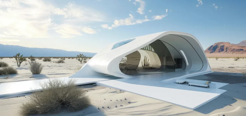Expertise-img-1 Futuristic white curved pavilion in a desert landscape with glass walls and long shadows on sand.