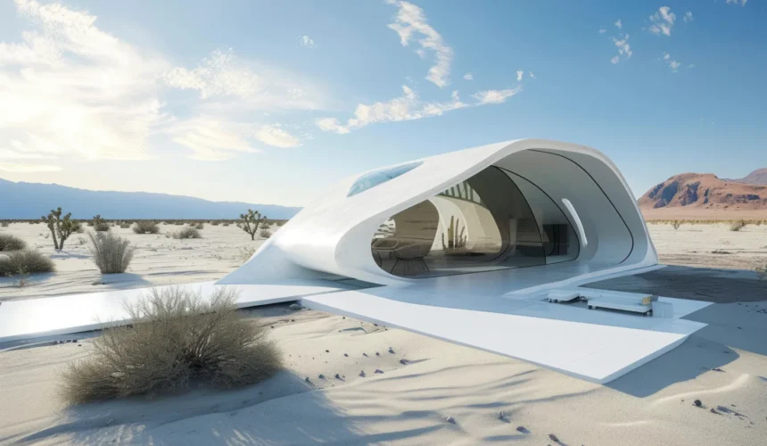Futuristic white curved pavilion in a desert landscape with glass walls and long shadows on sand.