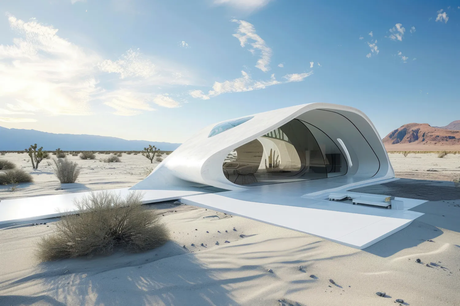 Futuristic white curved pavilion in a desert landscape with glass walls and long shadows on sand.
