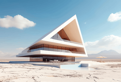 Contemporary triangular building with a sharp peak, white frame and glass walls on a flat desert landscape under a blue sky.