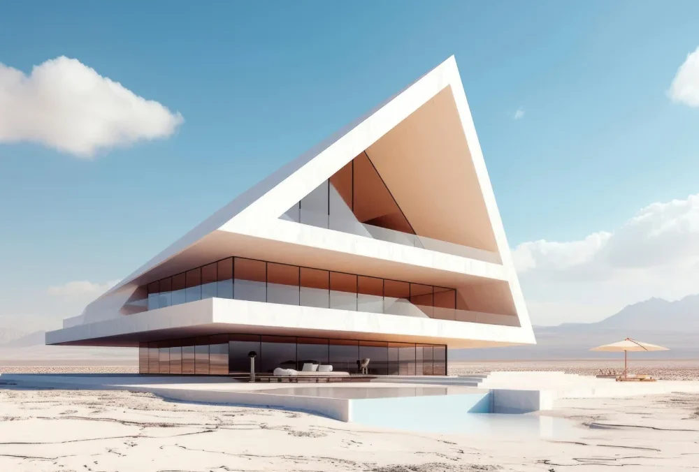 Futuristic white angular building with glass walls, set on cracked desert ground under a bright blue sky. Modern wedge-shaped structure with stacked terraces and glass facade in a desert landscape. Architectural render of a sharp triangular building jutting over a flat desert. Desert pavilion with prominent white triangular roof and large glass windows. Outdoor seating area at the base of a dramatic white triangle building in a sunny desert.