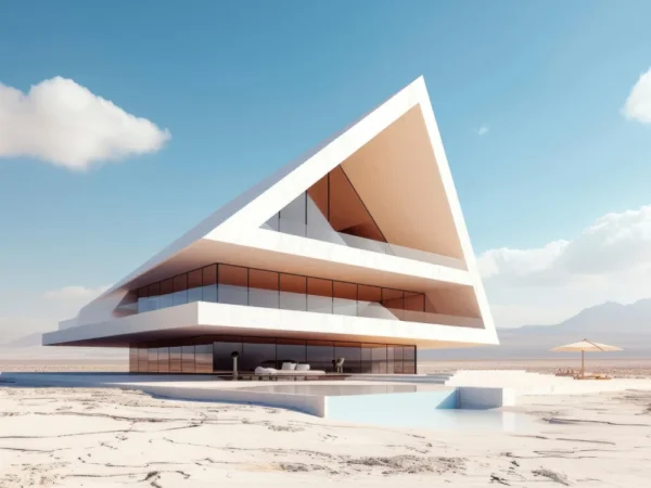Futuristic white angular building with glass walls, set on cracked desert ground under a bright blue sky. Modern wedge-shaped structure with stacked terraces and glass facade in a desert landscape. Architectural render of a sharp triangular building jutting over a flat desert. Desert pavilion with prominent white triangular roof and large glass windows. Outdoor seating area at the base of a dramatic white triangle building in a sunny desert.