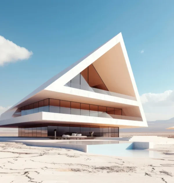 Futuristic white angular building with glass walls, set on cracked desert ground under a bright blue sky. Modern wedge-shaped structure with stacked terraces and glass facade in a desert landscape. Architectural render of a sharp triangular building jutting over a flat desert. Desert pavilion with prominent white triangular roof and large glass windows. Outdoor seating area at the base of a dramatic white triangle building in a sunny desert.