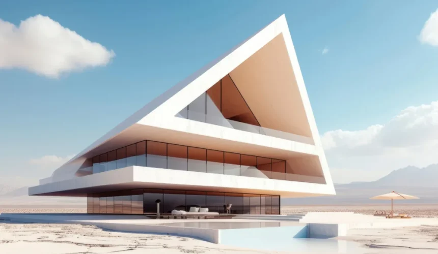 Futuristic white angular building with glass walls, set on cracked desert ground under a bright blue sky. Modern wedge-shaped structure with stacked terraces and glass facade in a desert landscape. Architectural render of a sharp triangular building jutting over a flat desert. Desert pavilion with prominent white triangular roof and large glass windows. Outdoor seating area at the base of a dramatic white triangle building in a sunny desert.