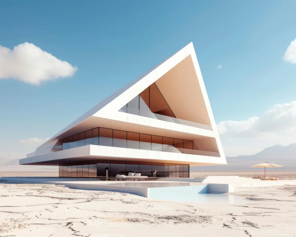 Futuristic white angular building with glass walls, set on cracked desert ground under a bright blue sky. Modern wedge-shaped structure with stacked terraces and glass facade in a desert landscape. Architectural render of a sharp triangular building jutting over a flat desert. Desert pavilion with prominent white triangular roof and large glass windows. Outdoor seating area at the base of a dramatic white triangle building in a sunny desert.
