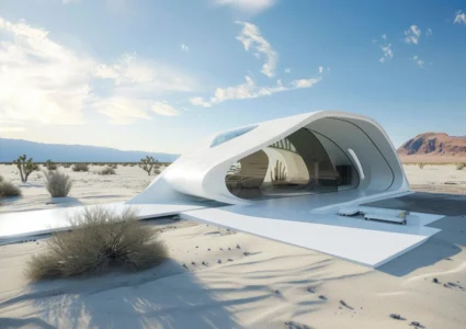 Futuristic white desert pavilion with curved, transparent walls in a sandy landscape under a blue sky.