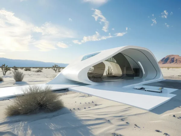 Futuristic white desert pavilion with curved, transparent walls in a sandy landscape under a blue sky.