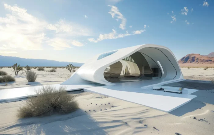 Futuristic white desert pavilion with curved, transparent walls in a sandy landscape under a blue sky.