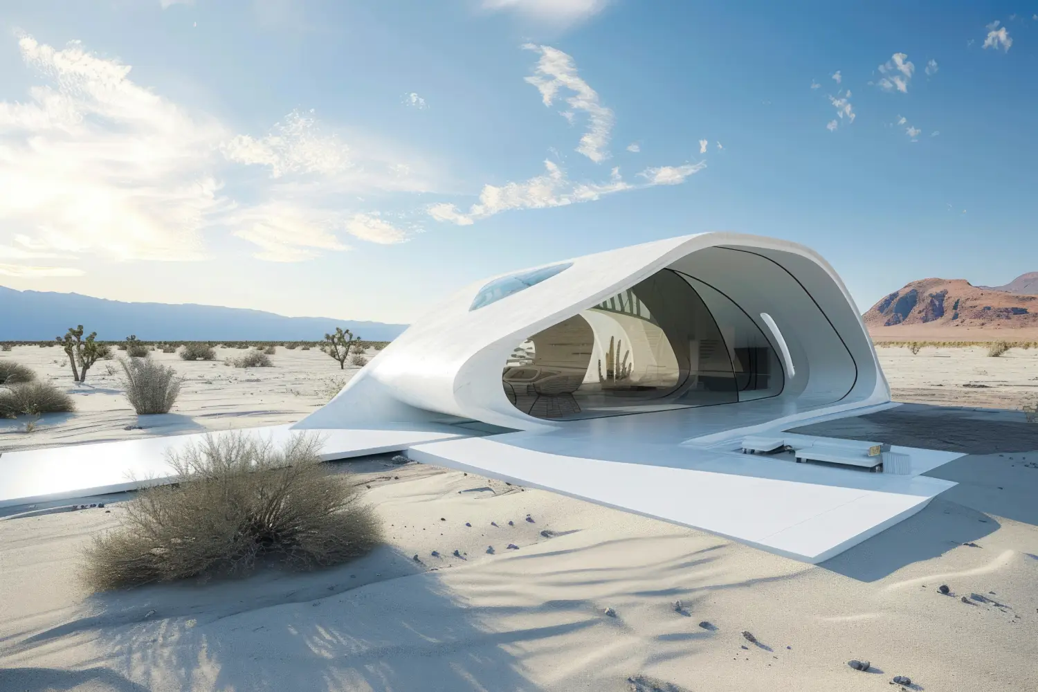 Futuristic white desert pavilion with curved, transparent walls in a sandy landscape under a blue sky.