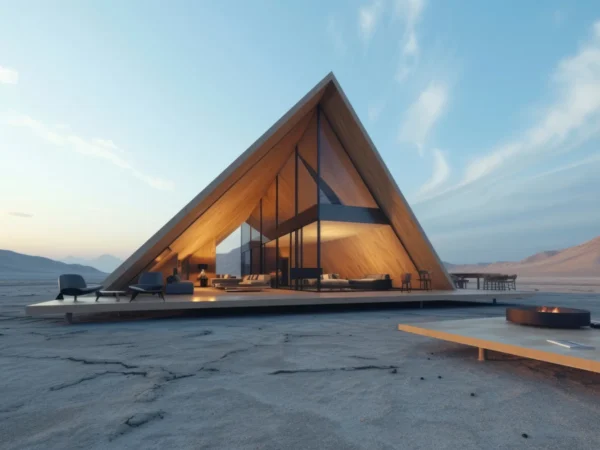 Modern wooden A-frame house on a platform in a desert, warm interior lights glowing through glass walls.