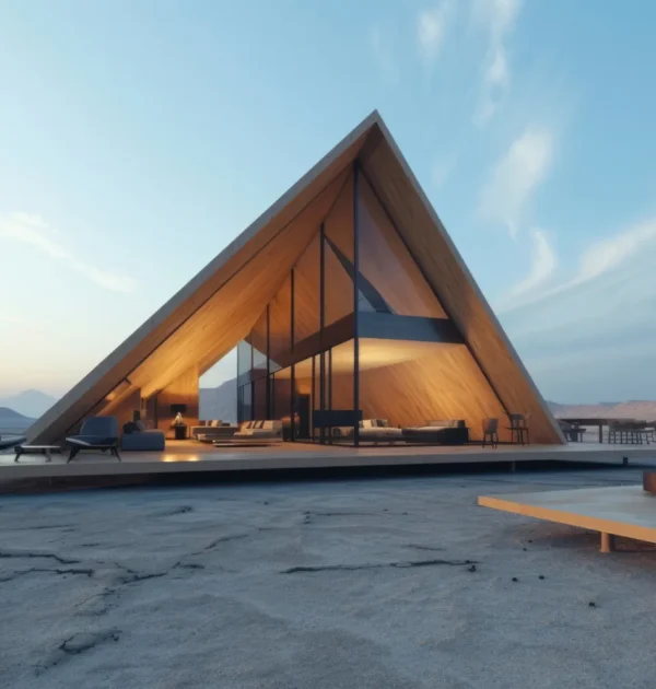 Modern wooden A-frame house on a platform in a desert, warm interior lights glowing through glass walls.