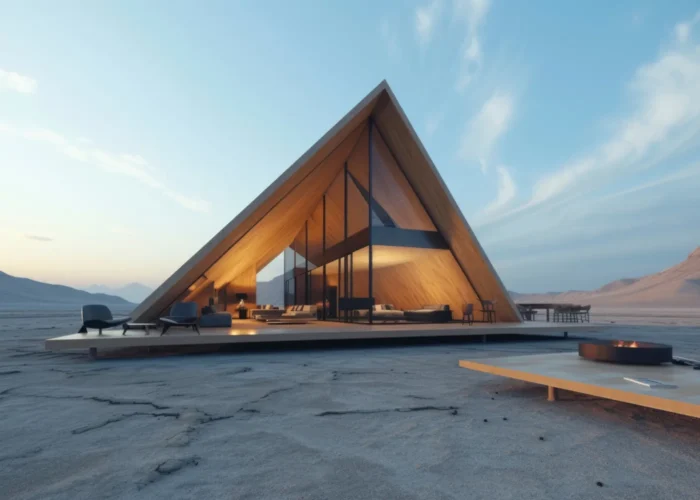 Modern wooden A-frame house on a platform in a desert, warm interior lights glowing through glass walls.