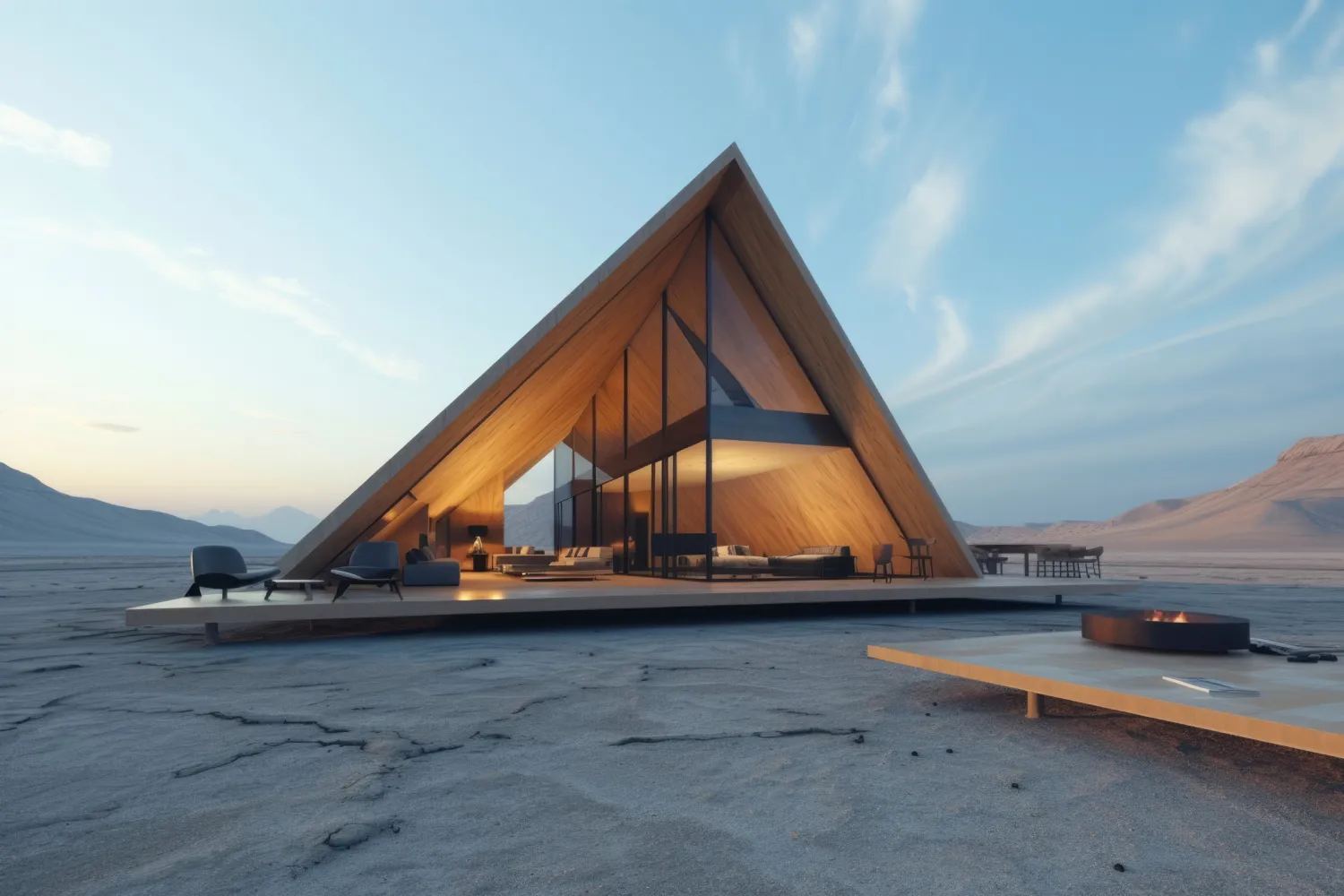 Modern wooden A-frame house on a platform in a desert, warm interior lights glowing through glass walls.