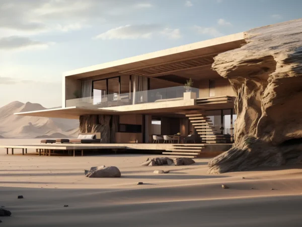 Contemporary cliffside villa with glass walls and a cantilevered upper level set in a sandy desert landscape.