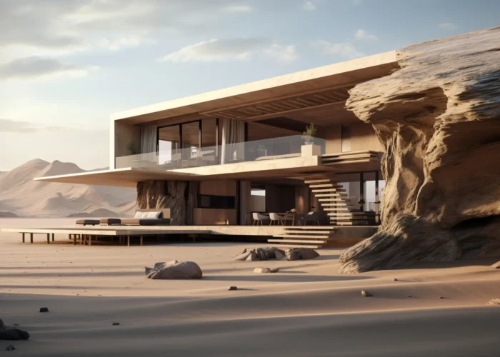 Contemporary cliffside villa with glass walls and a cantilevered upper level set in a sandy desert landscape.