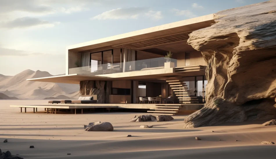 Contemporary cliffside villa with glass walls and a cantilevered upper level set in a sandy desert landscape.
