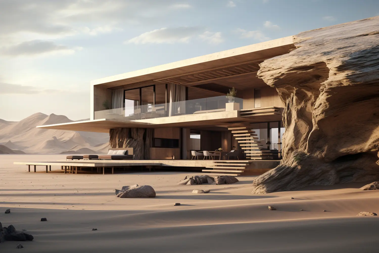 Contemporary cliffside villa with glass walls and a cantilevered upper level set in a sandy desert landscape.