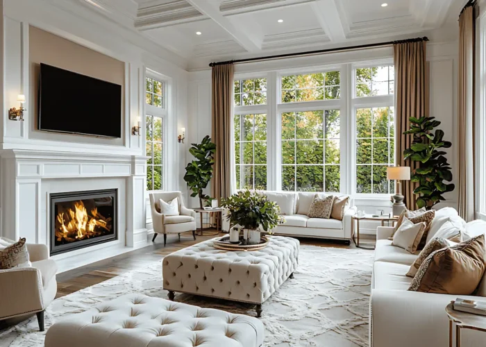Bright, luxurious living room with white paneled walls, a gas fireplace, and a wall-mounted TV above the mantel, flanked by sconces.