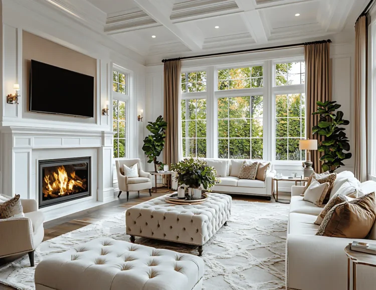Bright, luxurious living room with white paneled walls, a gas fireplace, and a wall-mounted TV above the mantel, flanked by sconces.