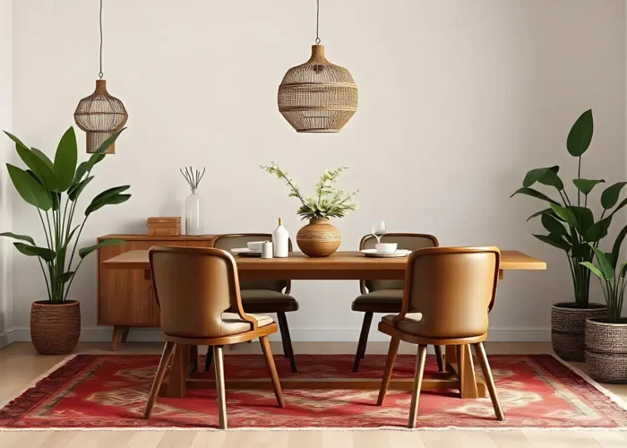 Wood dining table with four tan leather chairs, woven pendant lights, a central vase, and a red patterned rug flanked by large potted plants on a pale wall.