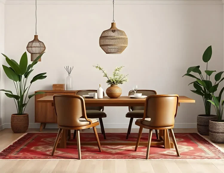 Wood dining table with four tan leather chairs, woven pendant lights, a central vase, and a red patterned rug flanked by large potted plants on a pale wall.