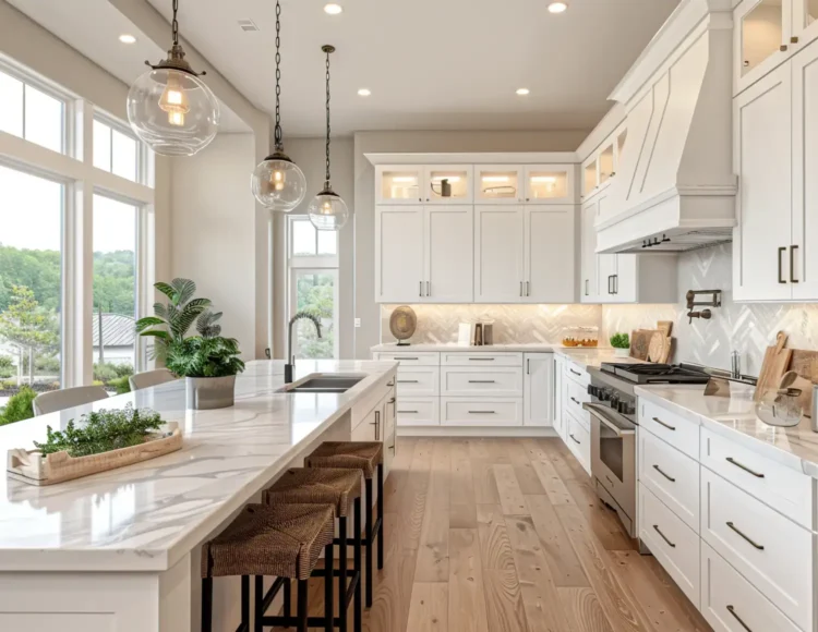 Bright white kitchen with marble island, hanging glass pendant lights, and a row of cabinets along the back wall.