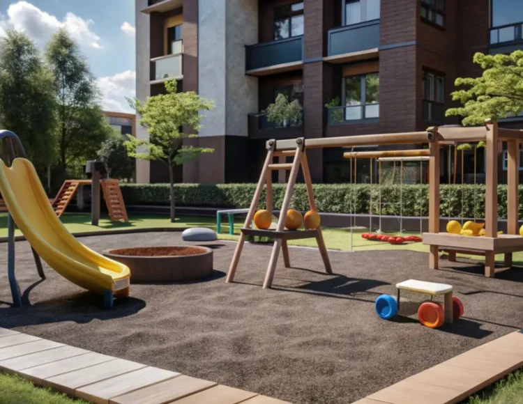 Outdoor children's playground in a residential courtyard with a yellow slide, climbing structure, swings, and soft rubber flooring; modern brick buildings in the background.