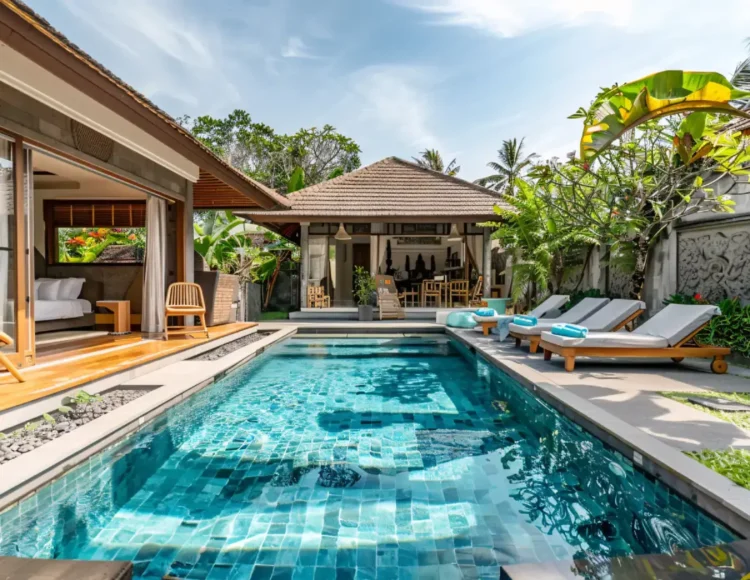 Villa with a rectangular turquoise pool, thatched-roof pavilions, and lounge chairs in a tropical resort setting.