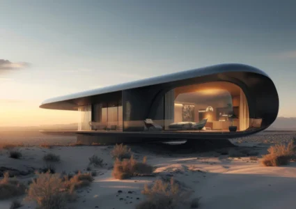 Futuristic oval glass-walled house in a desert, warm interior lighting visible through curved windows at sunset.