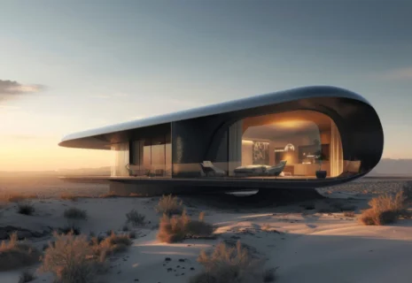 Futuristic oval glass-walled house in a desert, warm interior lighting visible through curved windows at sunset.