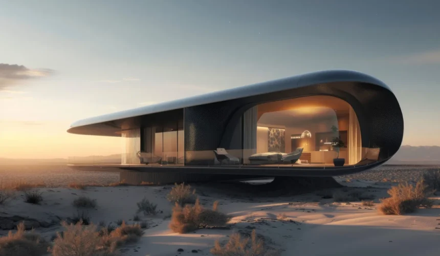 Futuristic oval glass-walled house in a desert, warm interior lighting visible through curved windows at sunset.