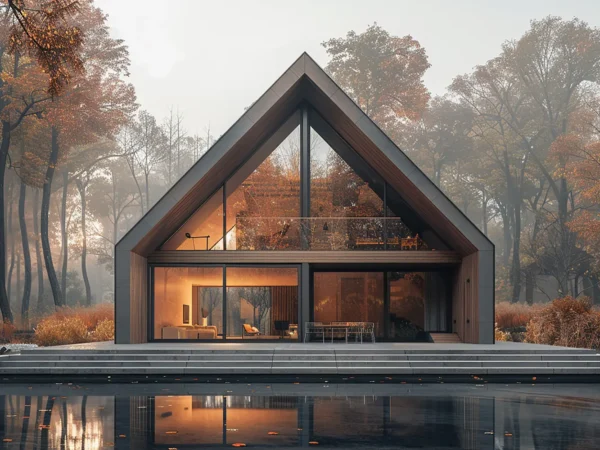 Modern A-frame glass house on a concrete deck beside a calm reflecting pool, autumn trees in the misty background.