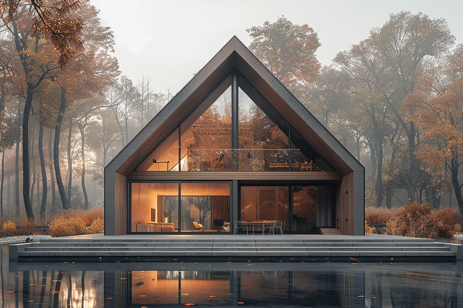 Modern A-frame glass house on a concrete deck beside a calm reflecting pool, autumn trees in the misty background.