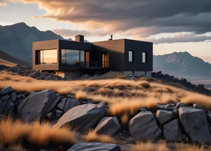 Modern dark-gray house perched on rocky terrain at sunset, with large glass windows and a balcony framed by rugged mountains in the background.