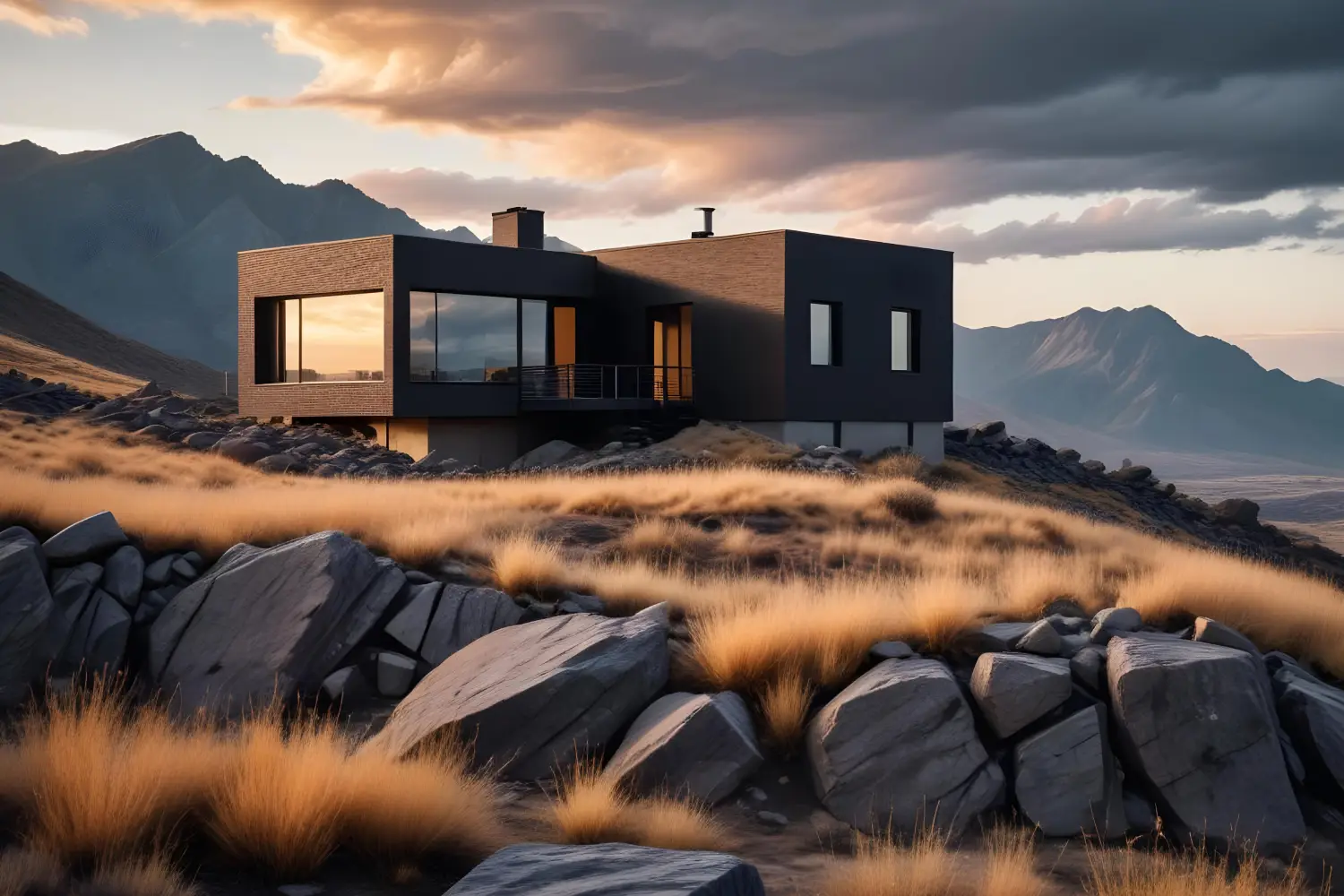 Modern dark-gray house perched on rocky terrain at sunset, with large glass windows and a balcony framed by rugged mountains in the background.