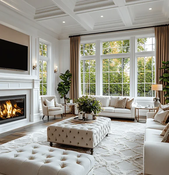 Bright, elegant living room with white tufted ottomans, cream sofas, and a lit fireplace under a coffered ceiling; large windows with beige curtains and greenery outside.