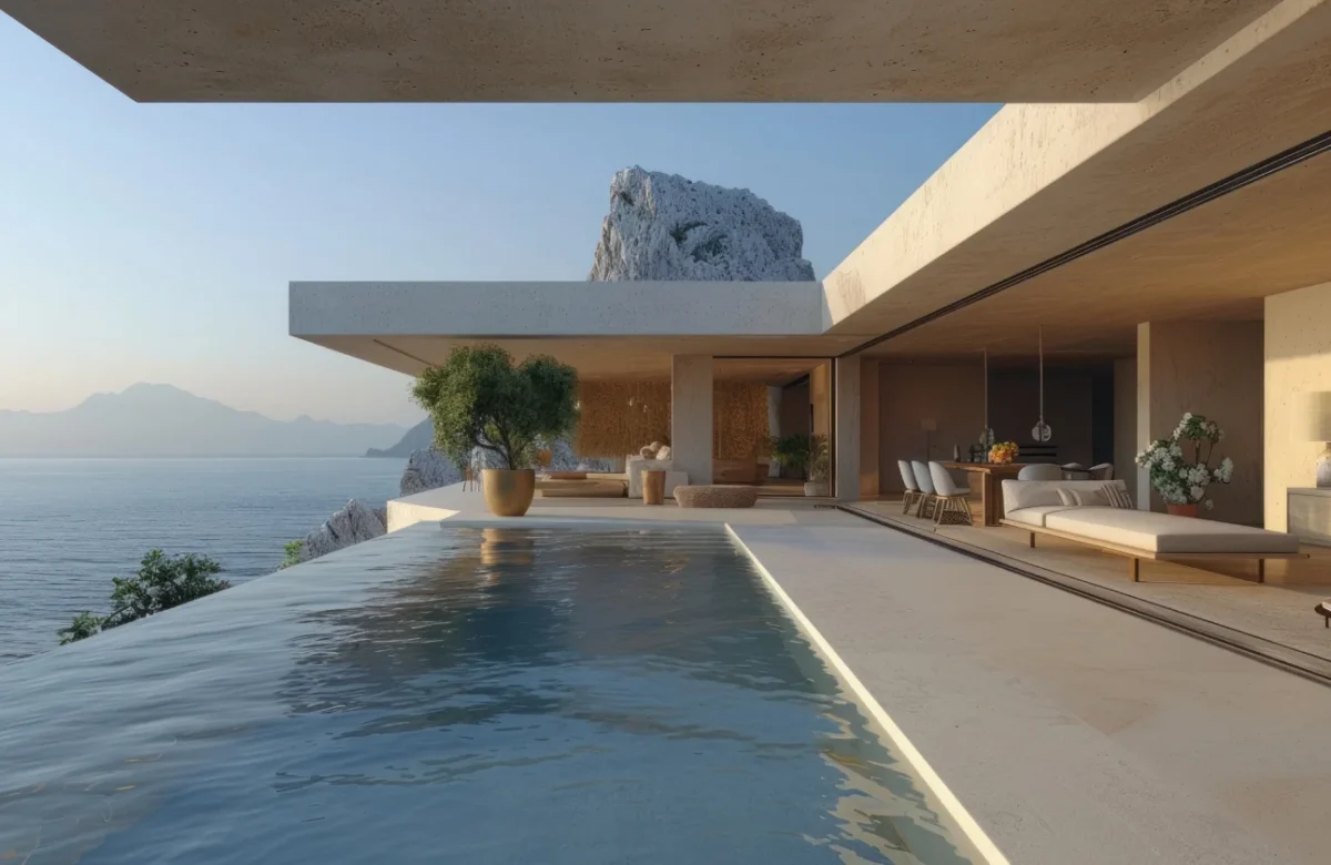 Infinity pool along a sleek beachfront villa, with an ocean and distant mountains in view, open-air living and dining area shaded by overhanging concrete ceilings.