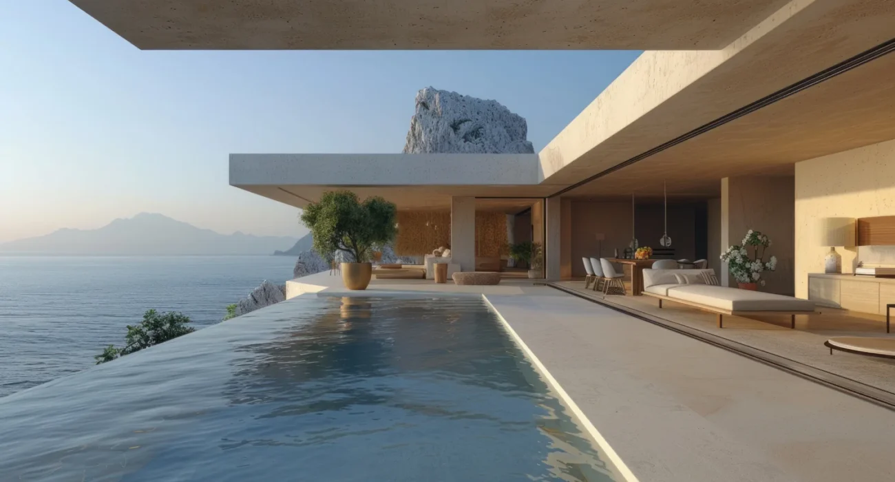Infinity pool along a sleek beachfront villa, with an ocean and distant mountains in view, open-air living and dining area shaded by overhanging concrete ceilings.