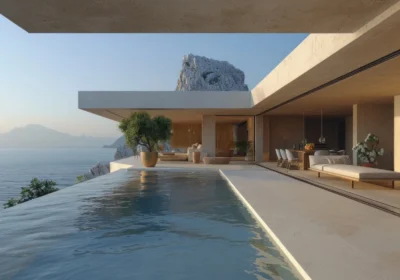 Infinity pool along a sleek beachfront villa, with an ocean and distant mountains in view, open-air living and dining area shaded by overhanging concrete ceilings.