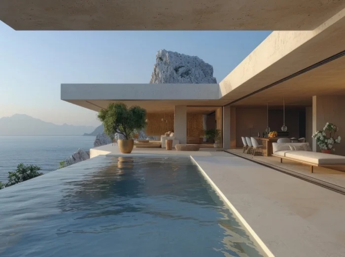 Infinity pool along a sleek beachfront villa, with an ocean and distant mountains in view, open-air living and dining area shaded by overhanging concrete ceilings.