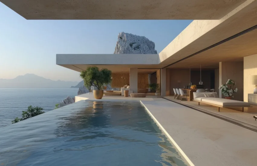 Infinity pool along a sleek beachfront villa, with an ocean and distant mountains in view, open-air living and dining area shaded by overhanging concrete ceilings.