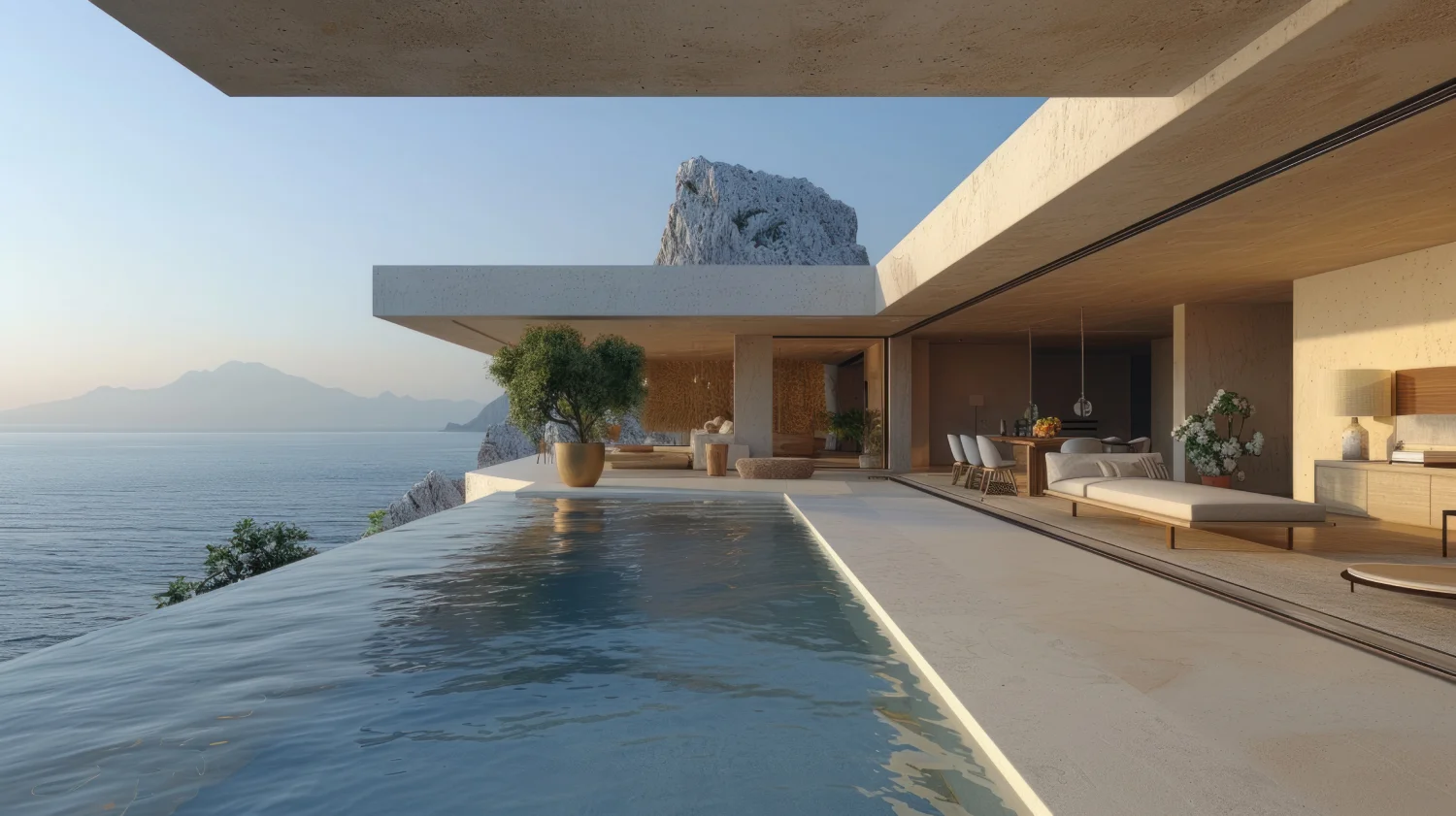 Infinity pool along a sleek beachfront villa, with an ocean and distant mountains in view, open-air living and dining area shaded by overhanging concrete ceilings.