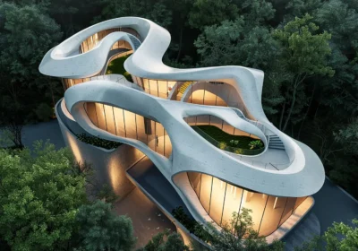 A modern, spiraling white building with glass walls nestled in dense forest, illuminated interior seen through large windows.