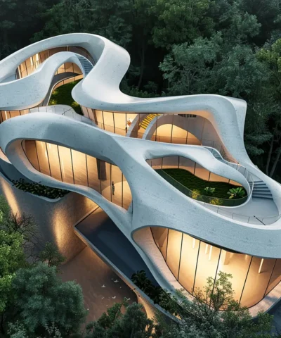 A modern, spiraling white building with glass walls nestled in dense forest, illuminated interior seen through large windows.