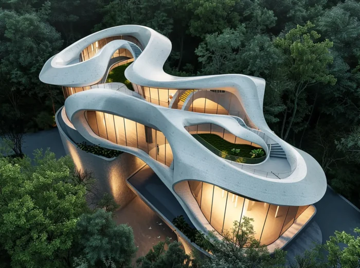 A modern, spiraling white building with glass walls nestled in dense forest, illuminated interior seen through large windows.