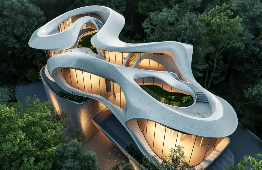 A modern, spiraling white building with glass walls nestled in dense forest, illuminated interior seen through large windows.