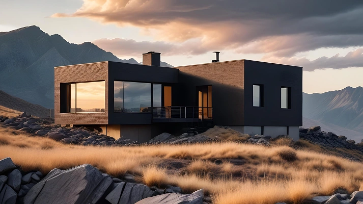 Modern black cubic house on a rocky hillside at sunset, with golden grasses and a mountain range in the background.