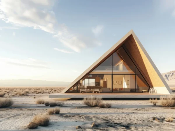 Modern A-frame house with a large glass front in a desert, mountains in the distance, warm sunset lighting visible inside.