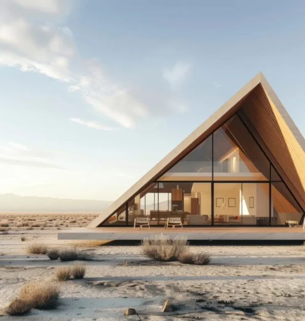 Modern A-frame house with a large glass front in a desert, mountains in the distance, warm sunset lighting visible inside.
